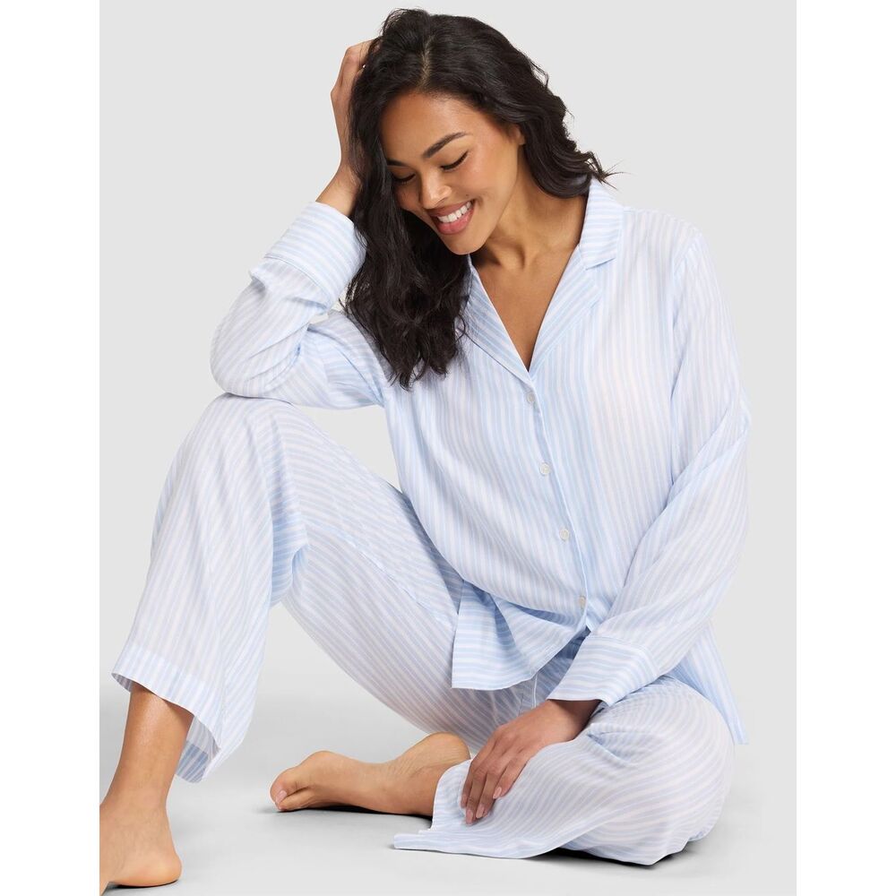 Cozy Earth Soft Woven Pajama Set in Spring Blue Stripe